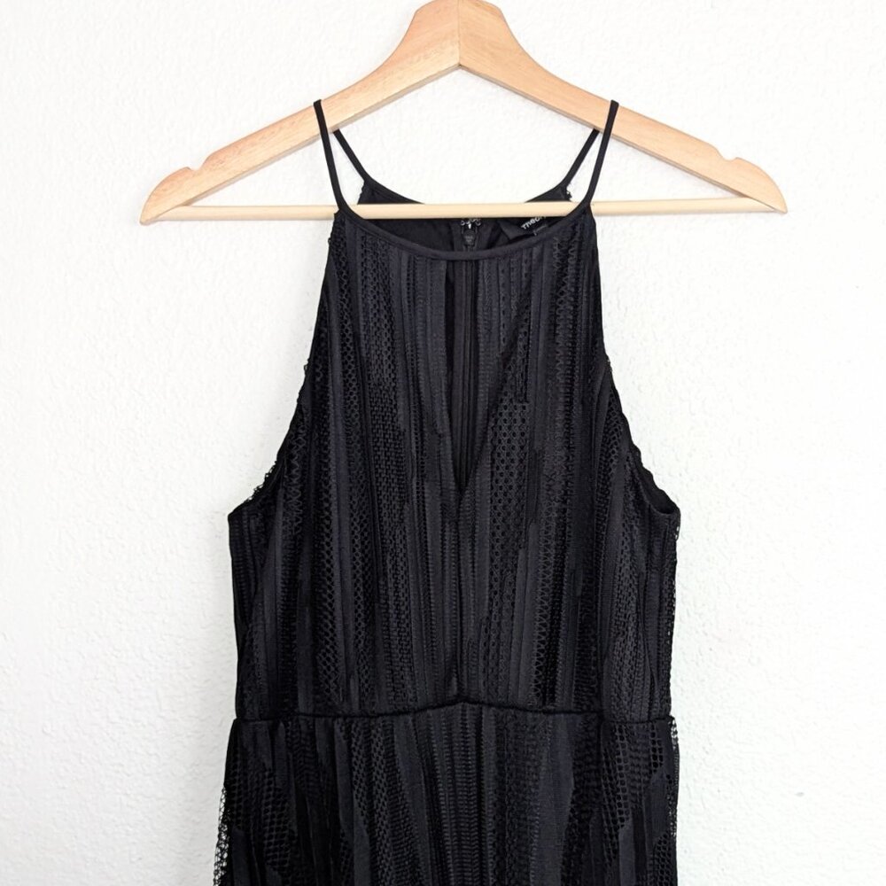 Theory Pleated Lace Midi Dress Size 4 Mod Black High Neck Halter Keyhole - Picture 6 of 14